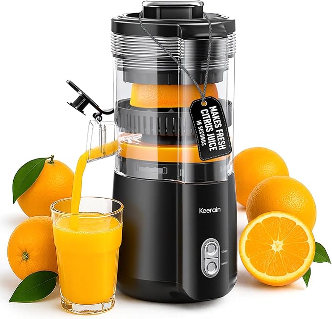 Keerain Electric Orange Juicer, Hand-Free Citrus Juicer Machine with Cleaning Brush, High-Performance Automatic Juice Squeezer for Lemon, Lime, Grapefruit, Pomegranate, Easy to Clean & Use