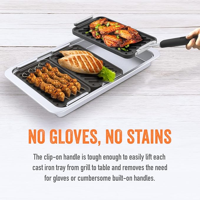 Yukon Glory Sear 'N Serve Cast Iron Grill Pan Set, 3 Cast Iron Grill Baskets with Serving Tray & Clip-On Handle, for Stovetop or Outdoor Grills