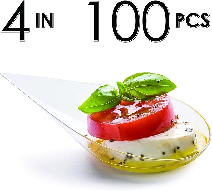 DLux 100 4-in Tear Drop Mini Appetizer Plates, Reusable Clear Plastic Spoons - Desserts and Appetizers Dishes Serving Plate - Asian Spoon Set, Small Catering Dessert Tasting Cups - with Recipe Ebook