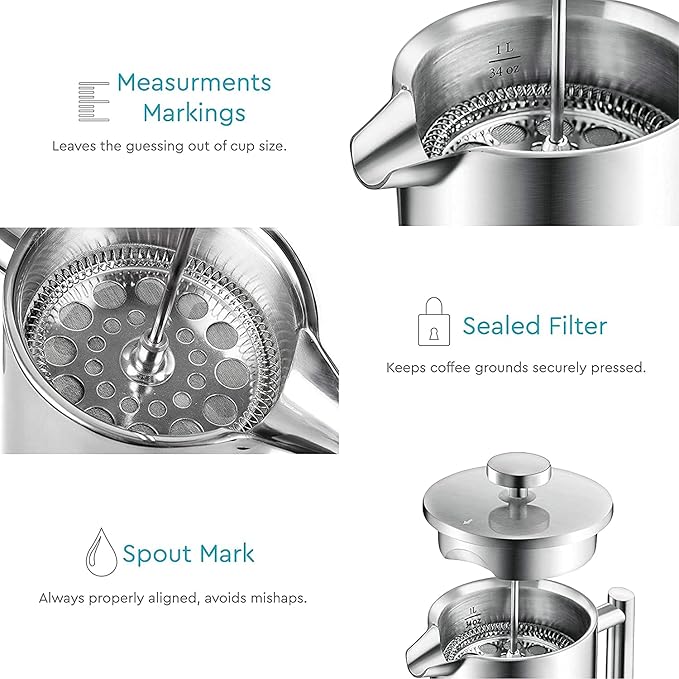 Belwares French Press Coffee Maker 50oz - 304 Stainless Steel Insulated Coffee Press, Double-Wall Heat Resistant Design with 4-Level Filtration System, Rust-Free & Dishwasher Safe (1.5 Liter), Silver