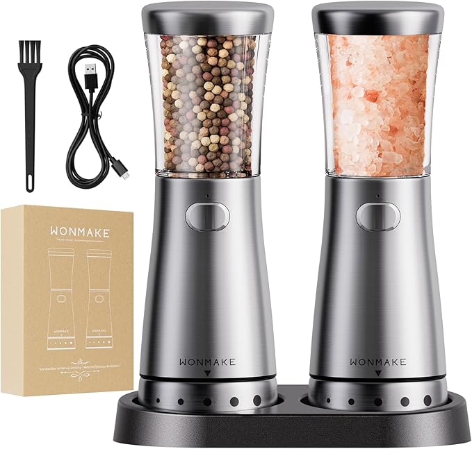 Electric Salt and Pepper Grinder Set Rechargeable, Electric Pepper Grinder with Adjustable Coarseness, 4.5oz Large Capacity, 1.8" Wide-Mouth & Storage Base, One-Hand Operation Kitchen Gadgets