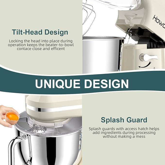 HOWORK Electric Stand Mixer,10+p Speeds With 6.5QT Stainless Steel Bowl,Dough Hook, Wire Whip & Beater,for Most Home Cooks,Cream White