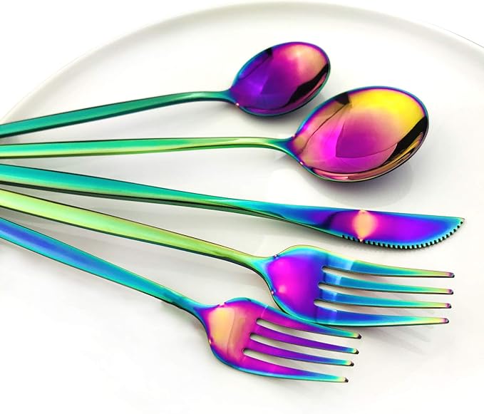 24Pcs Rainbow Mirror Silverware Flatware, 18/0 Stainless Steel Cutlery Set Utensils Kitchen Dinnerware Include Knife Fork Spoon and Teaspoon, Service for 4