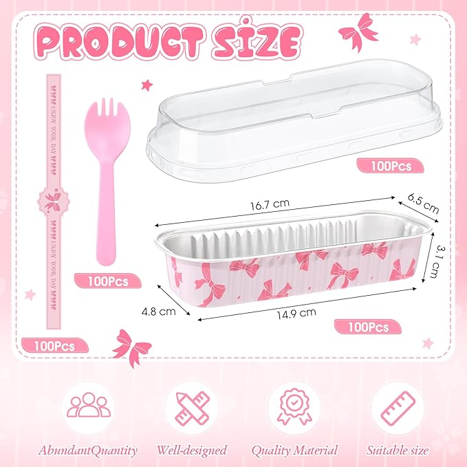Tioncy 50 Pcs Mini Pink Bow Loaf Pans with Lids Spoons Sticker Cute Pink Bow 6.8oz Disposable Rectangle Aluminum Foil Baking Pans Muffin Cupcake Cups for Picnics Wedding Birthday Baby Shower