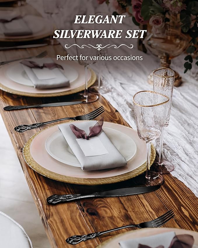 48 Pieces Black Silverware Set for 8, Retro Royal Flatware Set with Steak Knives, Gorgeous Stainless Steel Cutlery Utensil Set Include Forks Spoons and Knives, Mirror Finish,Dishwasher Safe