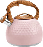 GGC Tea Kettle for Stove Top, Loud Whistling Kettle for Boiling Water Coffee or Milk, 3.1 Quart 3L Heavy Stainless Steel Pink Kettles with Wood Pattern Handle, Unique Button Control Kettle Outle