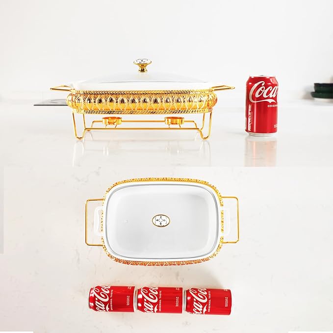 10" x 7" Ceramic Rectangular Casserole Dish with Glass Lid and Gold rack, 1.3 Quart White Serving Soup Tureen,Chafing Dish for Buffet, Family Food Tray, Catering Casserole for Party Style