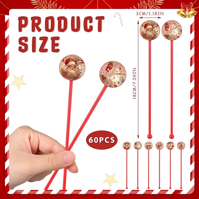 Meanplan 60pcs Christmas Swizzle Sticks Christmas Cocktail Stirrers Plastic Stir Sticks Xmas Santa Claus Snowman Decorations for Birthday Party Coffee Shop Supplies Favors Gifts(Vintage)