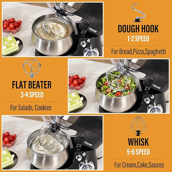 3-in-1 Stand Mixer, 5.3Qt 660W, 6-Speed Tilt-head Food Mixer, Electric Kitchen Portable Lightweight Mixer with Stainless Steel Bowl, Dough Hook, Whisk, Beater(Black)