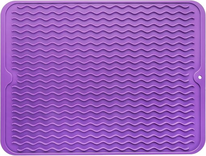 Silicone Dish Drying Mat for Multiple Usage,Easy clean,Eco-friendly,Heat-resistant Silicone Mat for Kitchen Counter or Sink,Refrigerator or drawer liner Purple L 16 inches x 12 inches