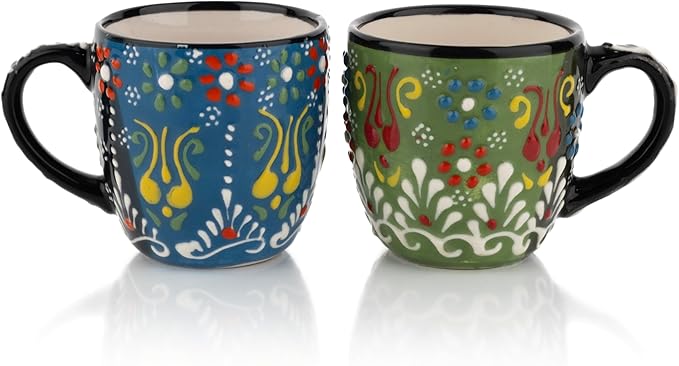 Espresso Cups Set of 2 | 4 oz Small Espresso Cups | Turkish Tea Cups | Demitasse Mugs with Handle | Modern Stackable Ceramic Espresso Mugs Set (Green/Blue)