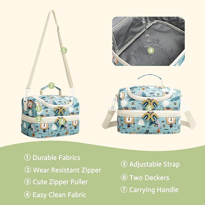 Insulated Kids Double Decker Lunch Bags Tote for Girls Boys Toddler Kindergarten School Picnic Camp Food Cooler Lunch Boxes Thermal with Strap (Lion)