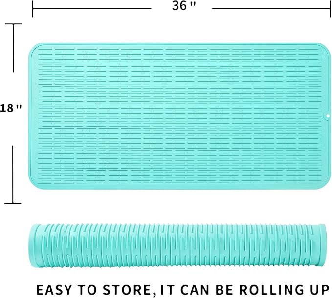 Silicone Dish Drying Mat for Multiple Usage,Easy clean,Eco-friendly,Heat-resistant Silicone Mat for Kitchen Counter or Sink,Refrigerator or Drawer Liner Mint 5XL 36inches x 18inches
