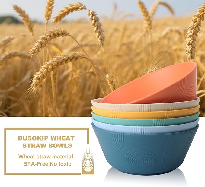36 oz Wheat Straw Bowl, Unbreakable Cereal Bowls Set of 6, Microwave and Dishwasher Safe Plastic Bowls Reusable, Large Cereal Bowl for Kitchen, Serving, Popcorn, Soup (Multicolor)