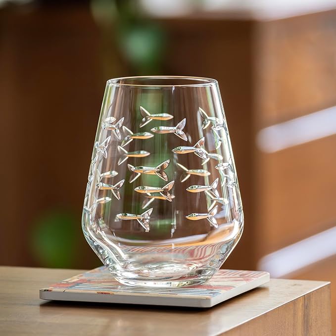 Rolf Glass | School of Fish Stemless Tumbler | Stemless Wine Glasses 18oz | Lead-Free Glass | Engraved and polished in Pennsylvania | US made (Set of 4)