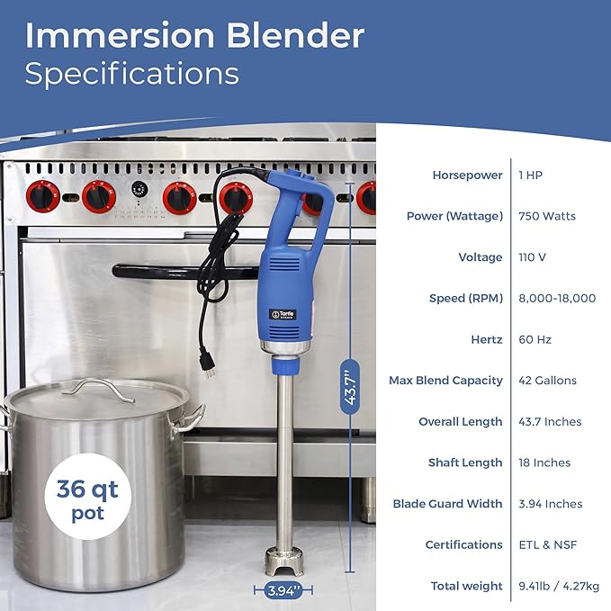 TK Commercial Immersion Blender, 750 Watt/1 HP Variable Speed Motor, 20,000 RPM X-Heavy Duty with Performance Assurance - 18"