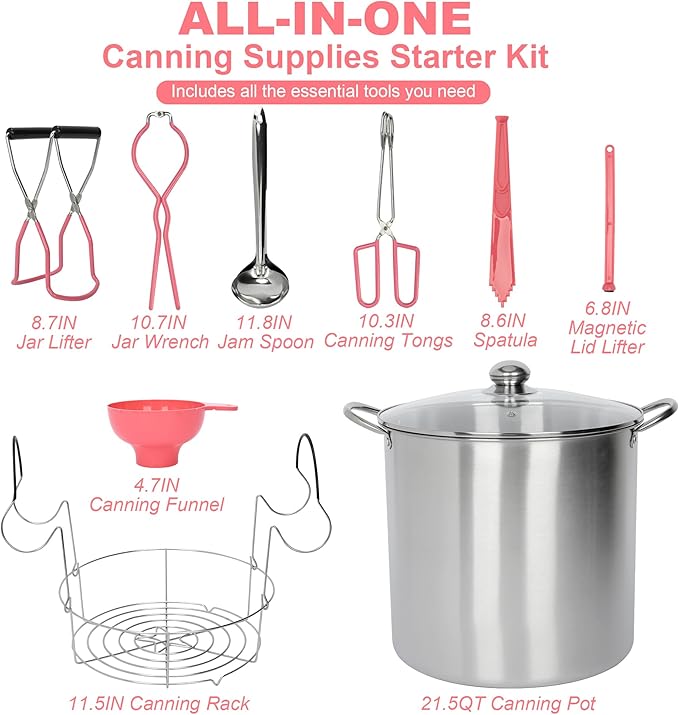 yeshine 21.5 Quart Canning Pot with Rack and Lid, Large Water Bath Canning Pot Set with Full Canning Tools Set, Stainless Steel Canner Supplies Starter Kit for Beginners for Home, Kitchen (Pink)