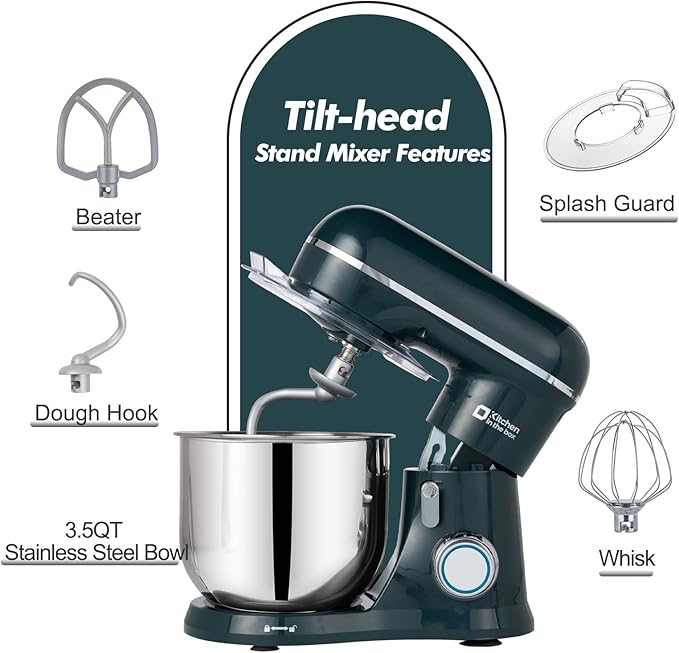 Kitchen in the Box Stand Mixer, 3.5 QT Small Kitchen Electric Stand Mixers, 10-Speed Portable Lightweight Dough Mixer for Daily Use with Egg Whisk, Dough Hook, Beater (Dark Green)