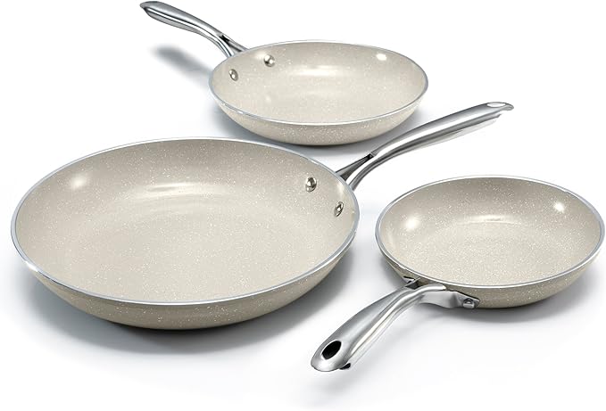 Granitestone 3pc Non Stick Frying Pans Set, 8,10,12 inch Ceramic Frying Pan Skillet Set, Non Toxic Frying pans Nonstick for Cooking, Induction Ready, PFAS & PFOA Free, Oven & Dishwasher Safe - Beige