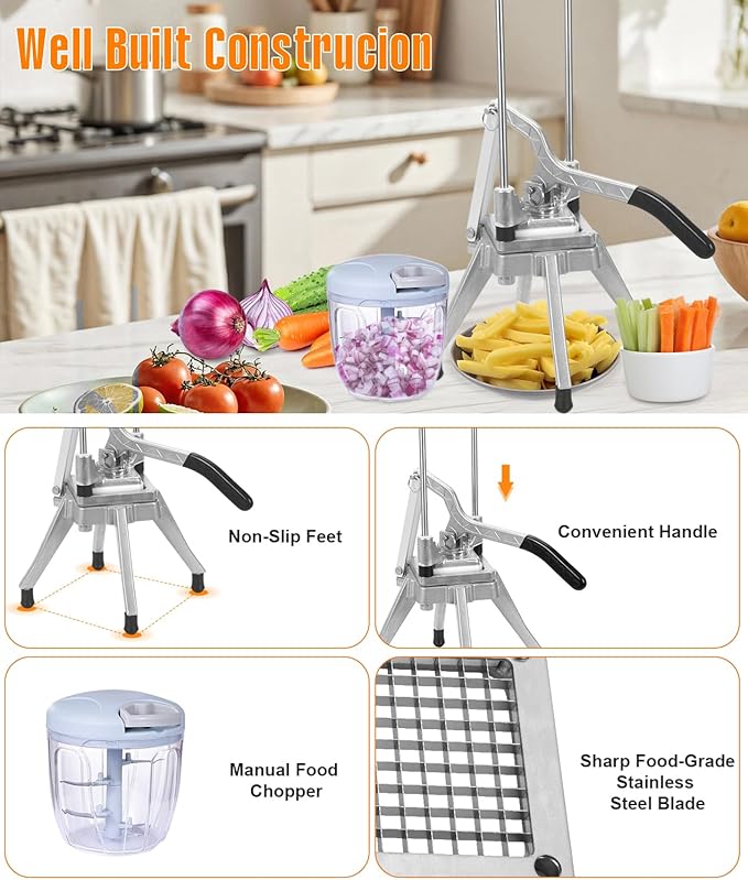 Commercial Vegetable Fruit Chopper 1/4″&3/8″ Blade Heavy Duty Professional Food Dicer Kattex French Fry Cutter Onion Slicer Stainless Steel For Tomato Peppers Potato Mushroom, Silver