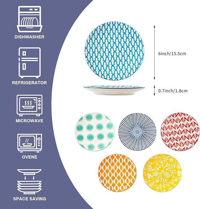 Ceramic Dessert Plates Set - 6 Inch Small Appetizer Plates for Kitchen - Salad Plate for Cake Snacks Side Dish, Microwave Dishwasher Safe, Gift, Assorted Colors