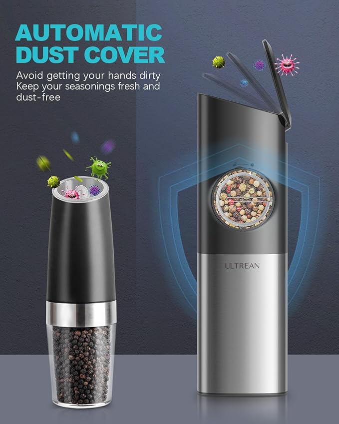 Ultrean Pepper Grinder, Rechargeable Gravity Salt and Pepper Grinder with 6 Adjustable Coarseness, LED Light, One-Hand Automatic Operation, Stainless Steel, Gifts for Father‘s Day