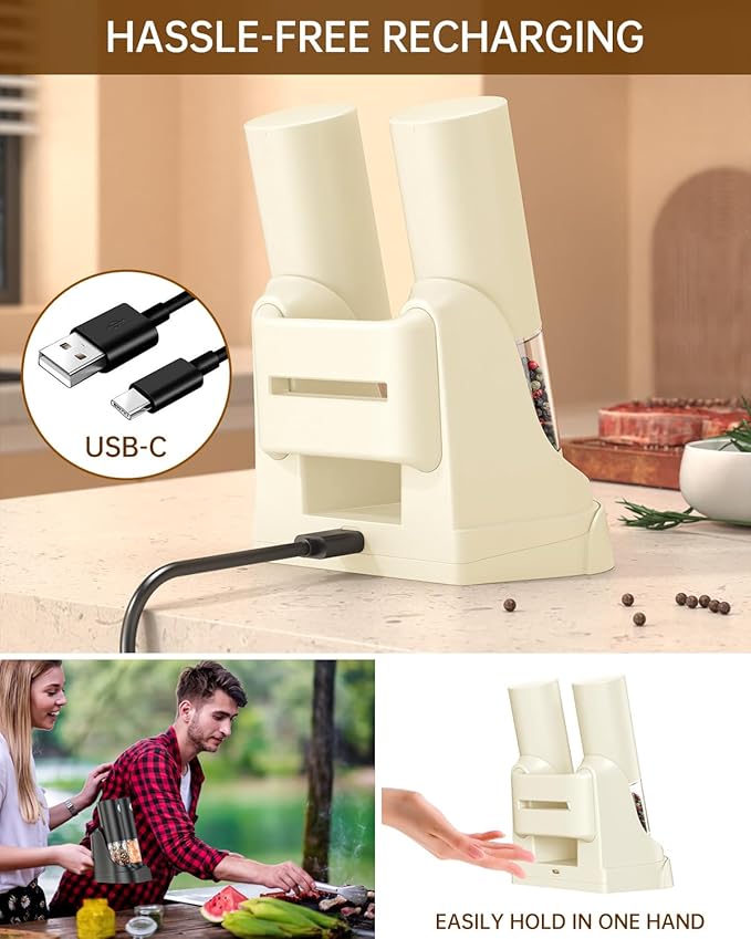 CIRCLE JOY Electric Salt and Pepper Grinder Set Automatic Salt and Pepper Grinder Set with Easy-to-Carry Charging Base and LED Light, USB Rechargeable, External Adjustable Coarseness, Light Yellow