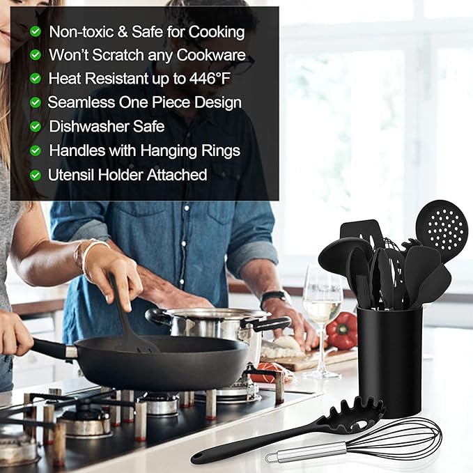 LIANYU 12-Piece Black Silicone Kitchen Cooking Utensils Set with Holder, Kitchen Tools Include Slotted Spatula Spoon Turner Ladle Tong Whisk, Dishwasher Safe
