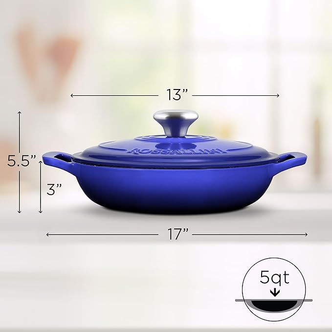 Signature Enameled Cast Iron Braiser, Non-Stick Serving Pot with Tight Fitting Lid for Perfect Roasting, Baking, Sauteing, Searing, and Pan Frying | 5Q (4.7L) - Indigo Blue