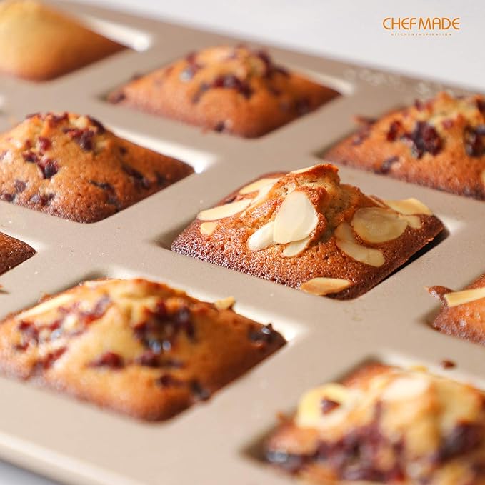 CHEFMADE Financier Cake Pan, 12-Cavity Non-Stick Square Muffin Pan Biscuits Cookies Bakeware for Oven Baking (Champagne Gold
