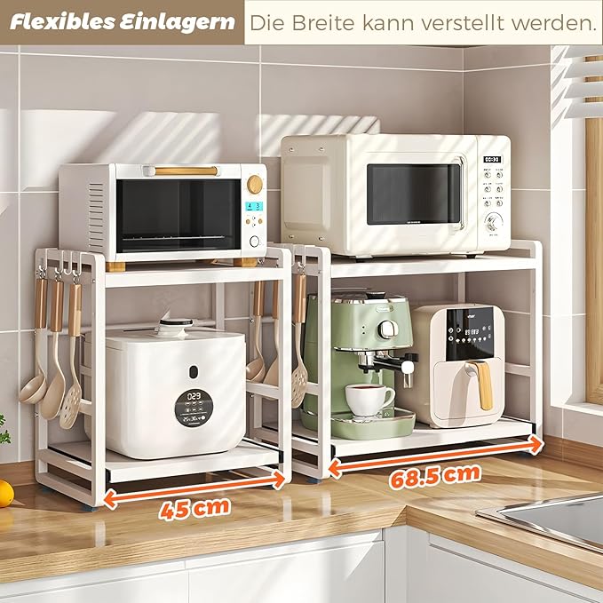 2-Tier Microwave Rack - Height Adjustable & Extendable Kitchen Shelf with Drawer - Carbon Steel - Includes Hooks & Reinforcement Suction Cups - Easy Assembly (White)