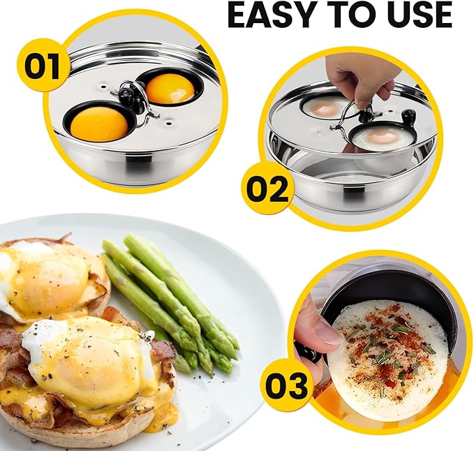 MARSKITOP Egg Poacher Pan Nonstick 2 Eggs, Poached Egg Cooker Stainless Steel Egg Poaching Pan, Poached Egg Pan PFOA Free, Poached Egg Maker