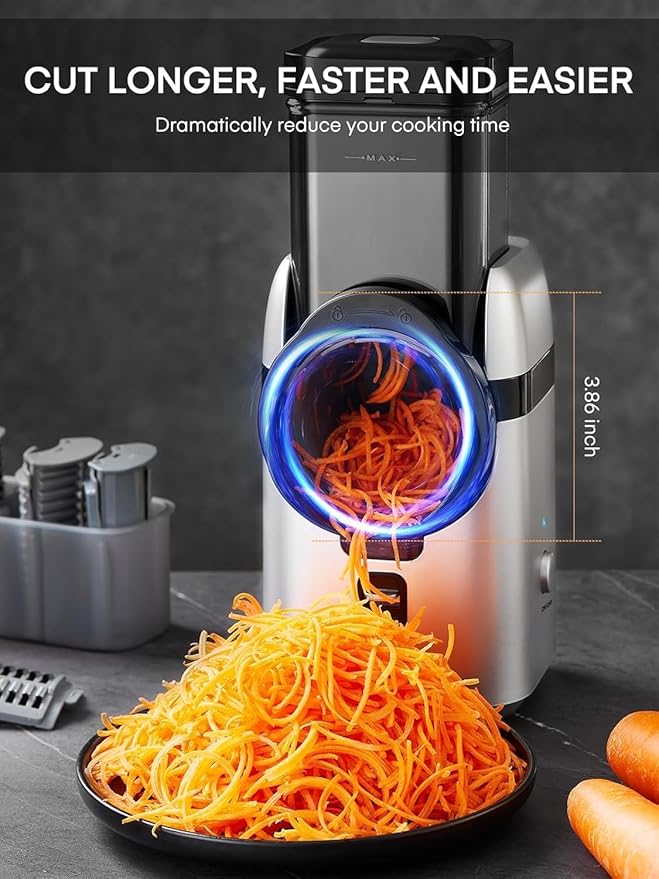 FOHERE Electric Cheese Grater, Upgraded 6-IN-1 Large Feed Chute Electric Vegetable Slicer with Different Blades and Storage Box, Cheese Shredder, Electric Slicer for Cheese, Fruits, Vegetables