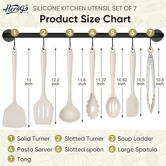 Herogo Silicone Cooking Utensils Set, 7-Piece Kitchen Utensils Set, Heat Resistant Cooking Gadget Tools Slotted Turner, Spoon, Soup Ladle, Pasta Server, Spatula, Tongs for Nonstick Cookware, Khaki