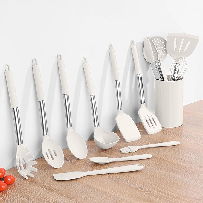 Silicone Kitchen Utensils Set, 15pcs White Silicone Cooking Utensils Set with Holder, Includes Heat Resistant Spatula Turner Spoon Whisk Tong