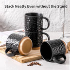 Nihow Ceramic Coffee Mug Set of 4, 16OZ Stackable Coffee Mug Set with Stainless Stand,Large Cup Set for Cappuccino,Tea,Hot/Cold Drinks,Dishwasher & Microwave Safe,Matte Black