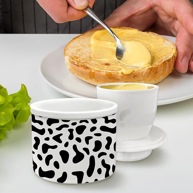 HIWX Cow Print Gifts Butter Crock with Lid for Countertop, Cowhide Ceramic French Butter Crock Keeper Dish for Counter with Water, Cow Lovers Gifts for Women