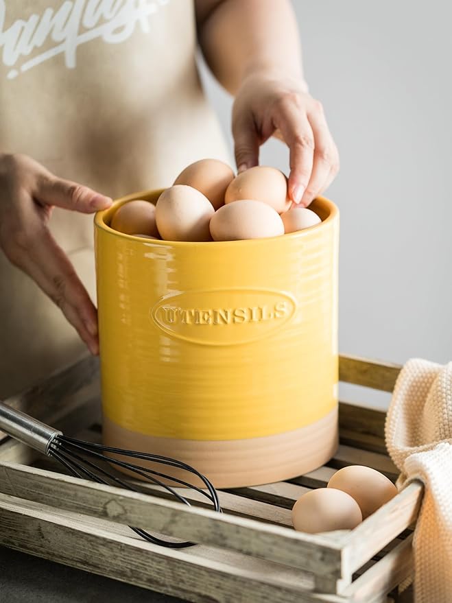 YHOSSEUN Kitchen Utensil Holder Set of 2, Ceramic Utensil Holder for Kitchen Counter, 6.7"+5.1" Cooking Utensil Crocks for Spatula, Oval Opening, Yellow