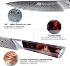 FINDKING Nebula Series Kitchen Utility Knife with ABS Sheath, Versatile Small Petty Knife, 10Cr15CoMov Damascus Blade, Resin and Figured Sycamore Handle, Full Tang, 5 Inch, Red, for Fruit, Steak