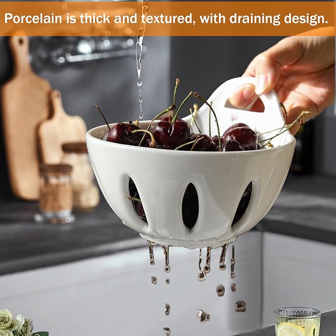 Ceramic Berry Basket,5.9 inch Fruit Bowl,Round Berry Colander with Holes & Handle,Small Fruit Basket for Kitchen Counter,Cute Containers for Berries, Strawberry, Grape, Cherry,Set of 2