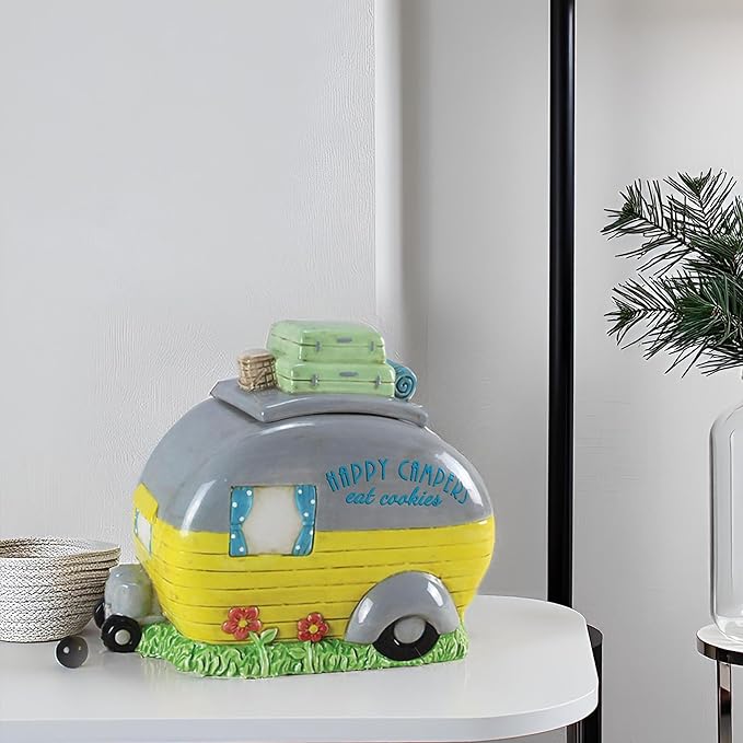 Young's Inc. Ceramic Cookie Jar - Cute Kitchen Counter Storage Canister with Lid - Perfect for Cookies, Coffee, Tea, Candy, Dog Treats, and More - Happy Camper - Mint