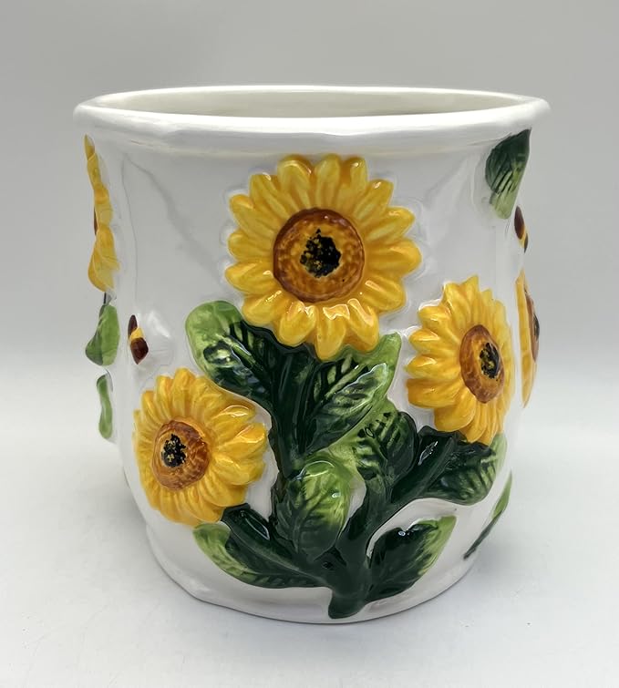 ACK Utensil Holder, Utensil Crock, Modern Kitchen Decor, Kitchen Storage (3D Sunflower)