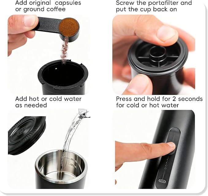 Portable Electric Espresso Machine, Travel Coffee Maker for Camping, Car Coffee Maker Self-Heating With Ground Coffee
