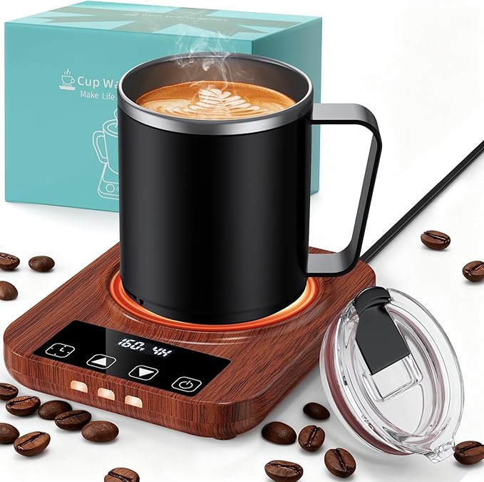 Coffee Mug Warmer & Mug Set for Desk, 36W Electric Coffee Mug Warmer with 16oz Cup, Smart Coffee Heater with 9 Temp Settings & Auto Shut Off, Home Office Desk Accessory, Gifts for Women Men, Wood