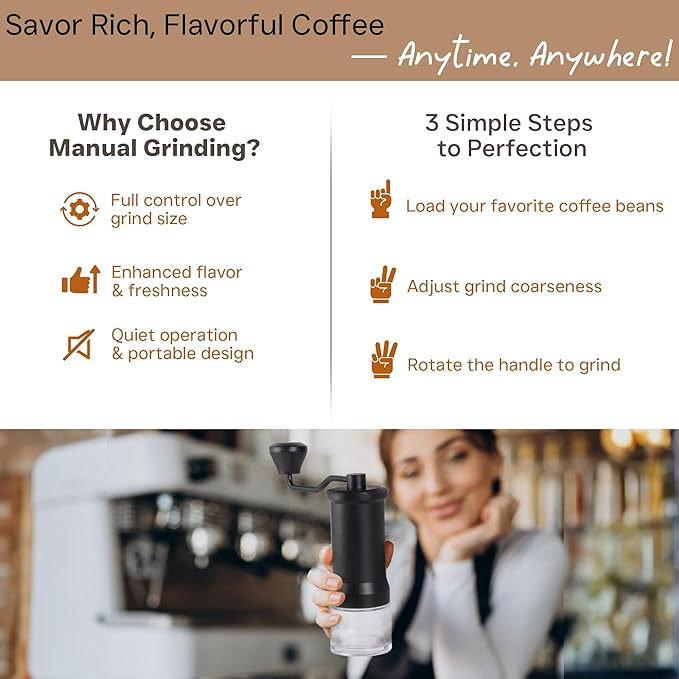 Manual Coffee Grinder - Adjustable Conical Burr Mill for Espresso, French Press, Pour Over - Portable Hand Crank, Stainless Steel, Travel & Camping