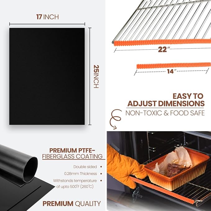 Oven Liners for Bottom of Oven Black (2-pack) Bundled with Rack Shield (2-pack) - Large Mat for Bottom of Range (17"x 25") and 22" Orange Stove Guards for Racks - Reusable & Heat Resistant