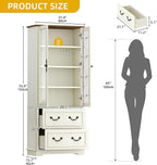 DWVO 76" Kitchen Pantry Storage Cabinet, Freestanding Display Cabinets with Glass Doors & Adjustable Shelves & Drawers, Tall Farmhouse Cupboard for Dining Room, Living Room, Bathroom, White Walnut