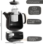Steinzeit Design Tea Pot with Warmer (44 oz) - Premium Ceramic Teapot with Infuser for Loose Tea - Black Teapot Ceramic with Removable Steamer
