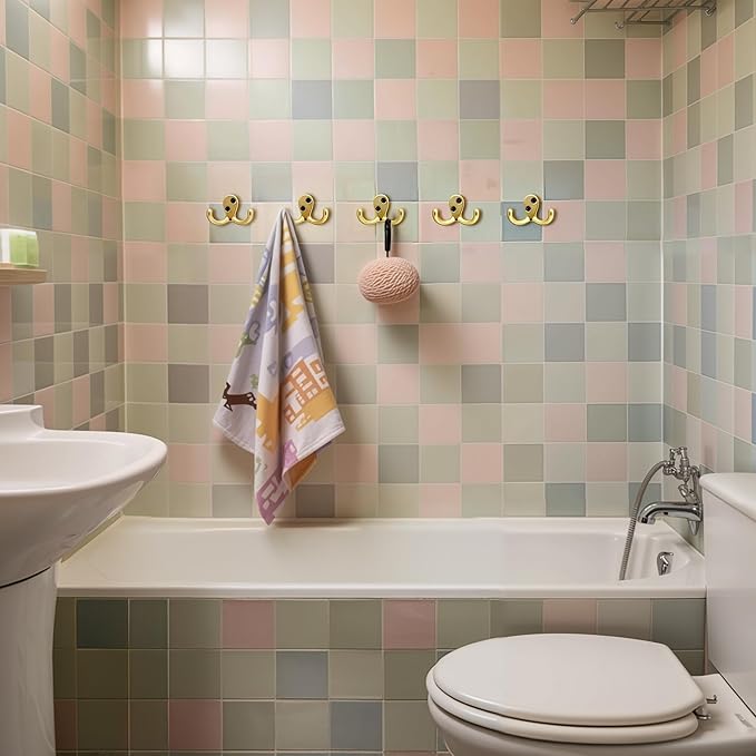 Double-Prong Coat Hooks Wall Mounted - 8 Pack Gold Wall Hooks for Hanging - Great for Living Room, Bedroom, Bathroom, Closet for Coat, Bag, Towel, Hat, Key, Cup, Watch, Heavy-Duty, Easy to Install