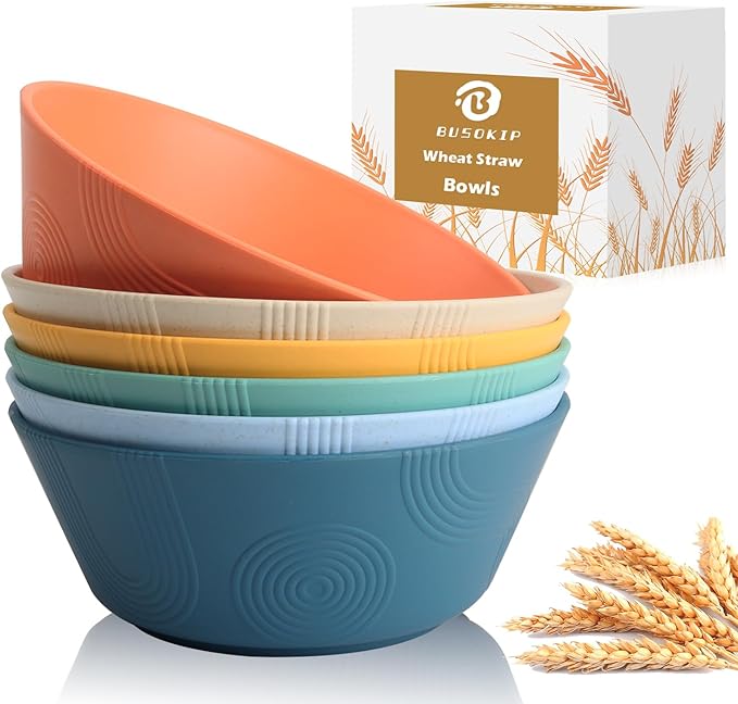36 oz Wheat Straw Bowl, Unbreakable Cereal Bowls Set of 6, Microwave and Dishwasher Safe Plastic Bowls Reusable, Large Cereal Bowl for Kitchen, Serving, Popcorn, Soup (Multicolor)